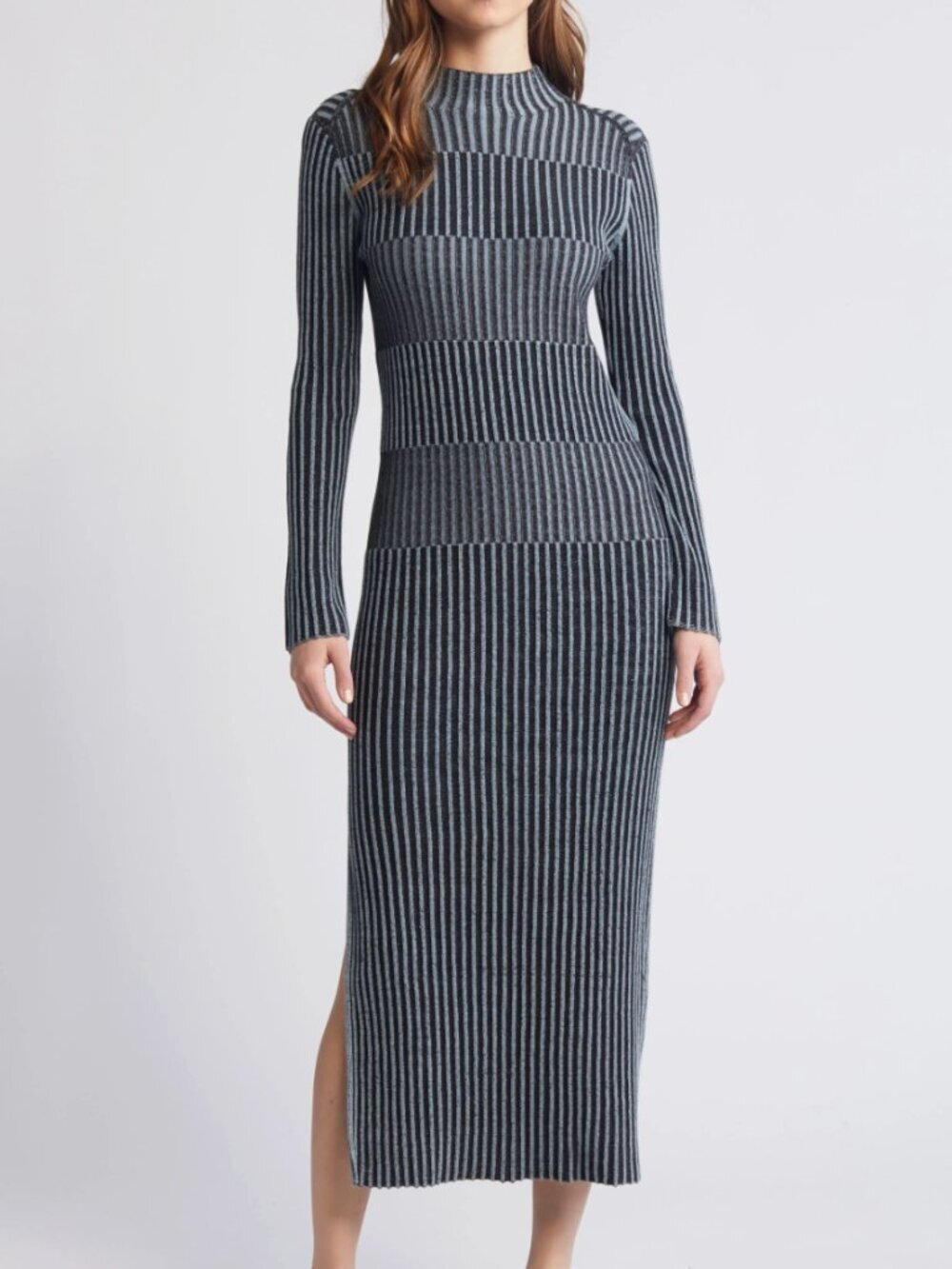 COS Striped Long Sleeve Mock Neck Ribbed-Knit Sweater Midi Dress, Blue-Grey, M